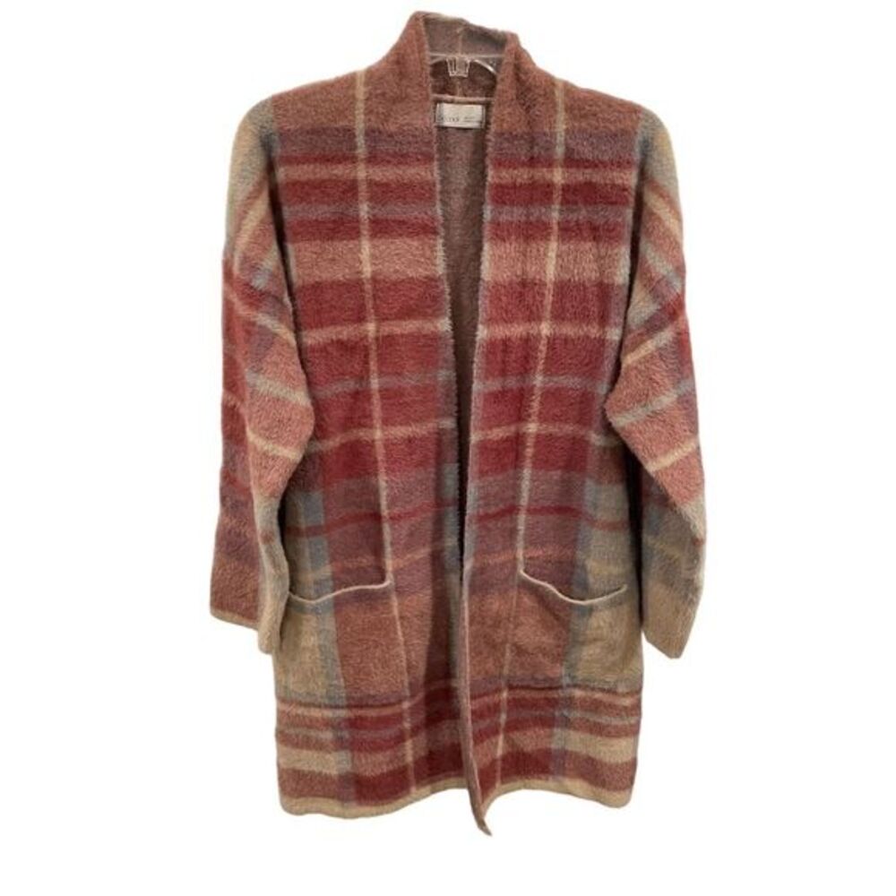 Bé Cool Women's Mauve Plaid Cardigan Sweater M/L Open Front Pockets SI14